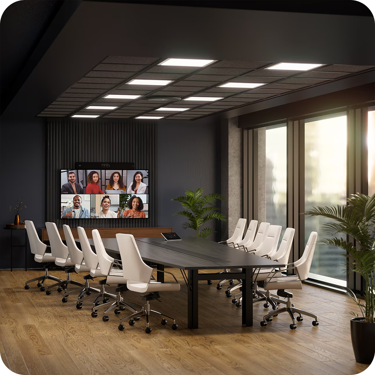 Кімната для конференцій зі столом і стільцями перед великим екраном, на якому проходить нарада Webex.